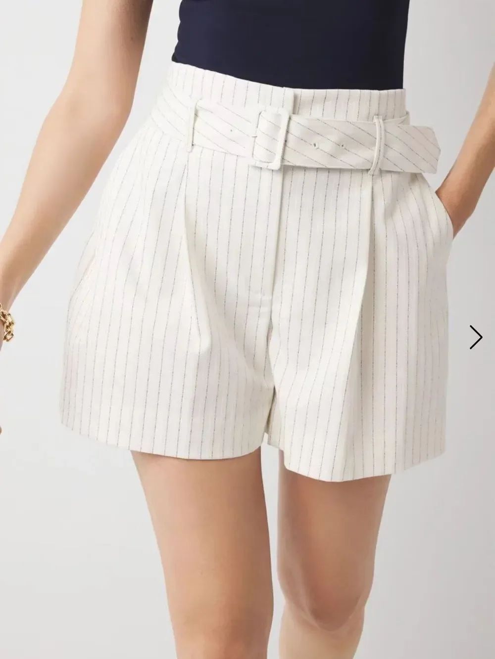 White House Black Market Cream Pinstripe Belted High-Waist Shorts